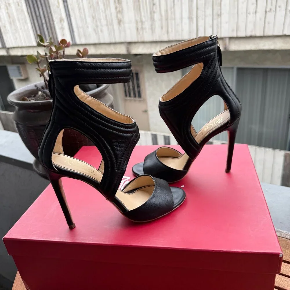 Jerome C. Rousseau Black Leather Cutout High Heel Sandals Size 36/5.5 Made In It - Picture 2 of 10